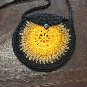 Crocheted Round Crossbody Bag in Yellow, Black & Tan
